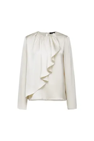 Satin Round Collar Ruffle Layered Long Sleeves Blouse