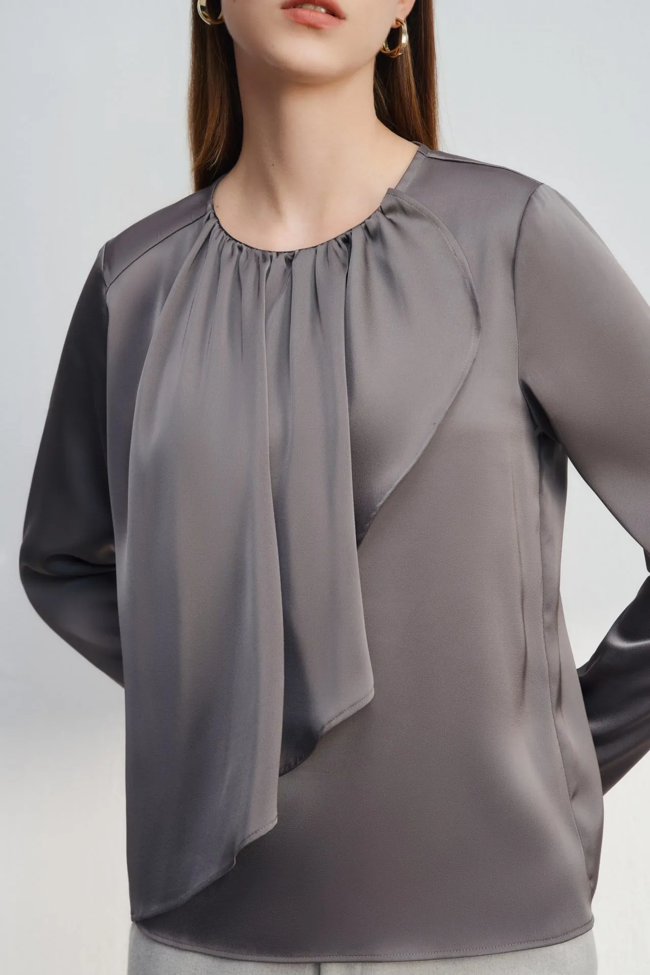 Satin Round Collar Ruffle Layered Long Sleeves Blouse