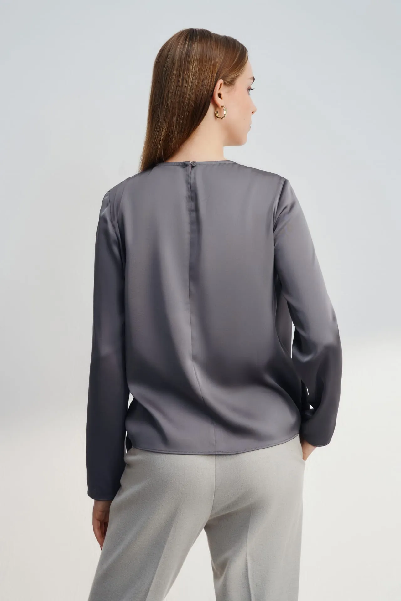 Satin Round Collar Ruffle Layered Long Sleeves Blouse