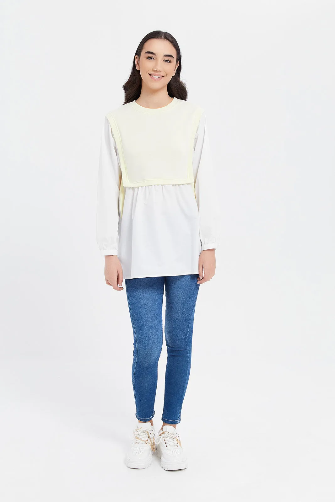 Senior Girls Cream And White Tunic Top