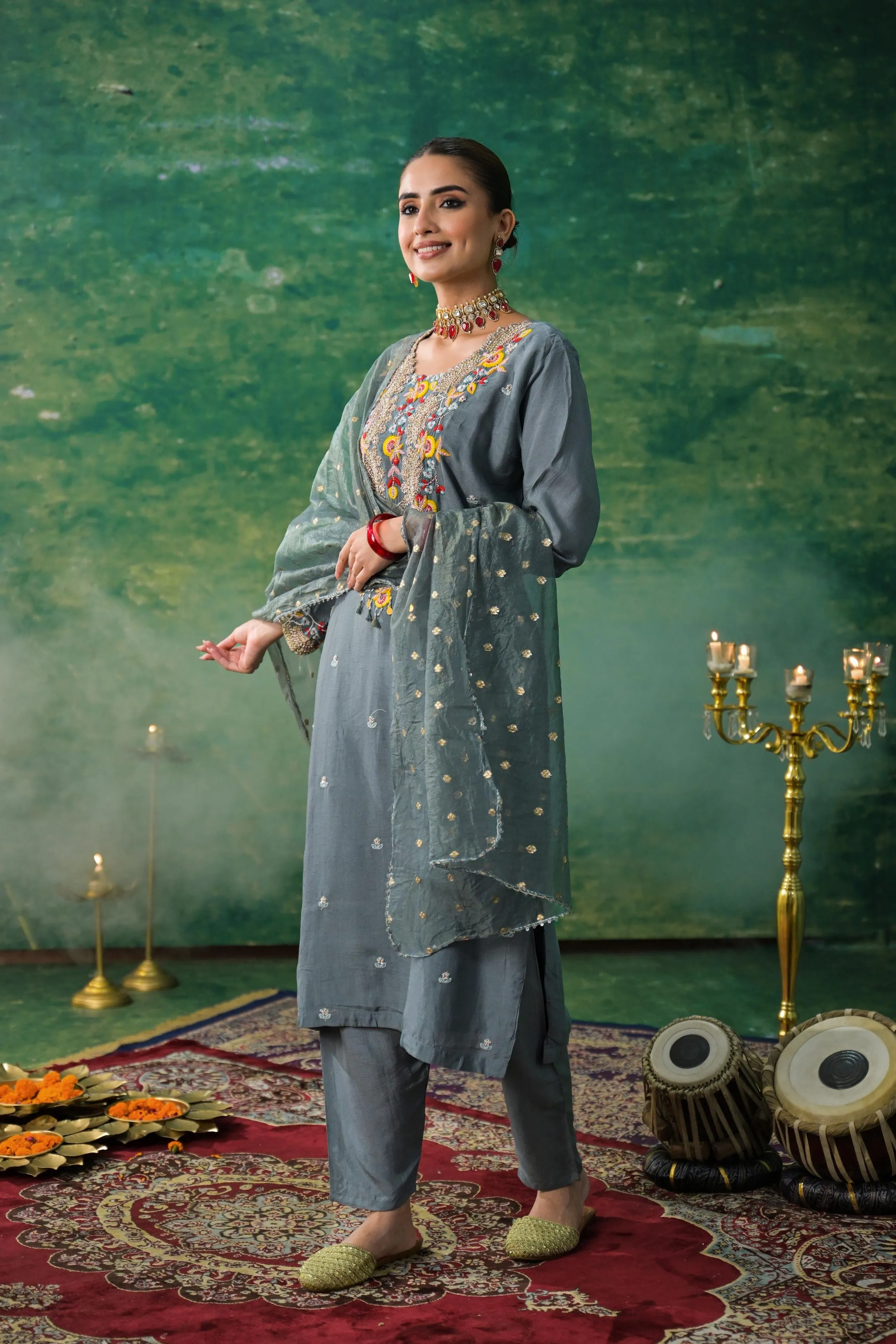 Slate Grey Embroidered Raw Silk Pants Set