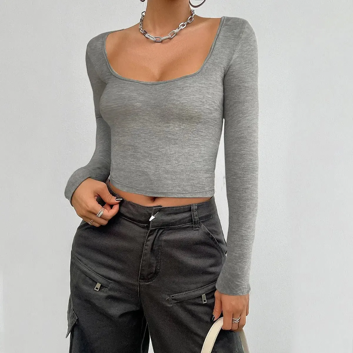 Slim Fit Long Sleeve Square Neck Crop Top