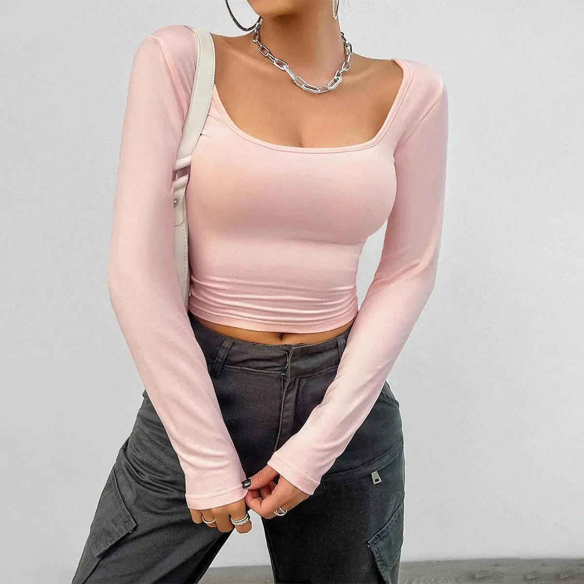 Slim Fit Long Sleeve Square Neck Crop Top