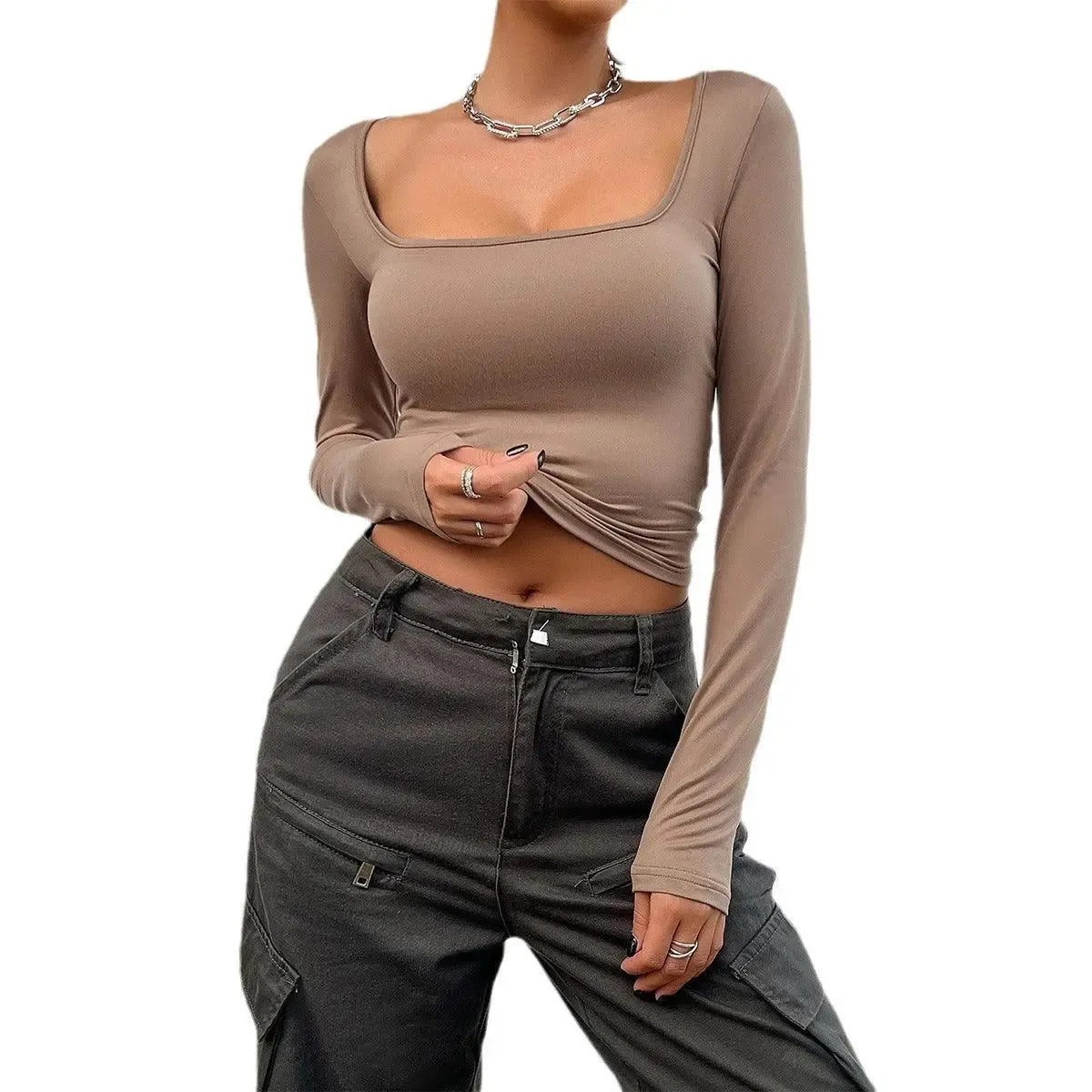 Slim Fit Long Sleeve Square Neck Crop Top