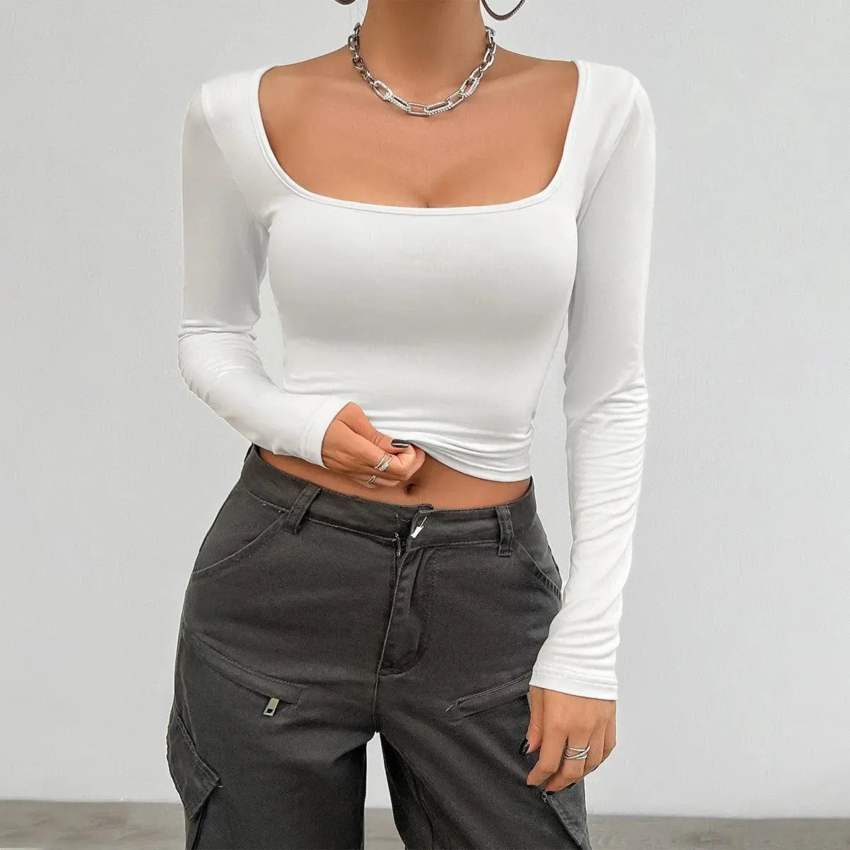 Slim Fit Long Sleeve Square Neck Crop Top