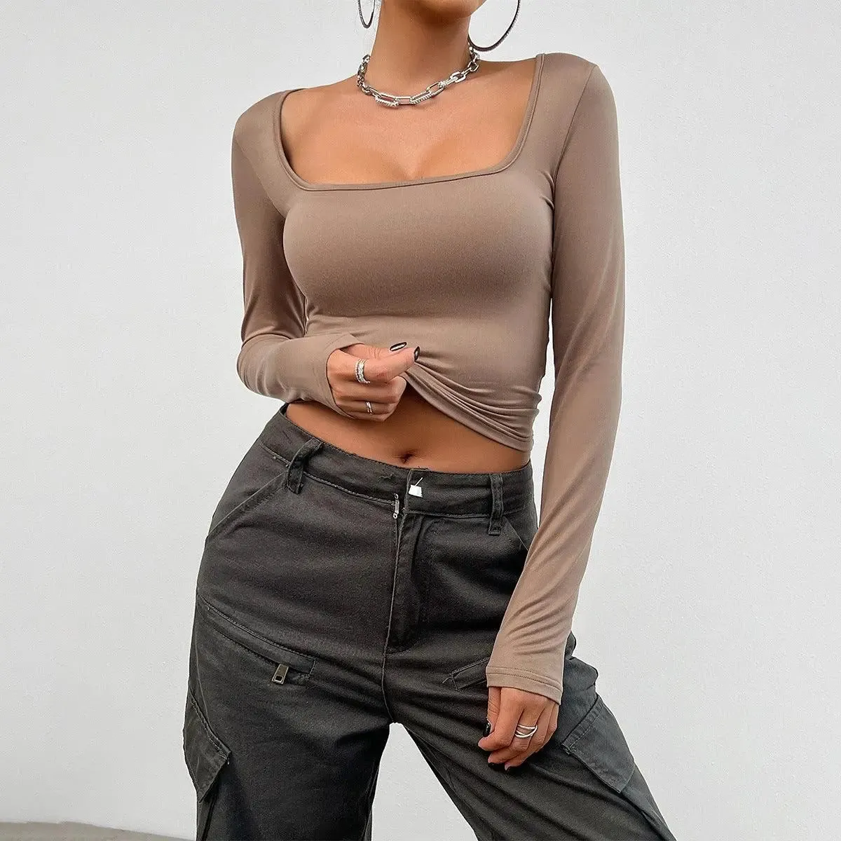 Slim Fit Long Sleeve Square Neck Crop Top