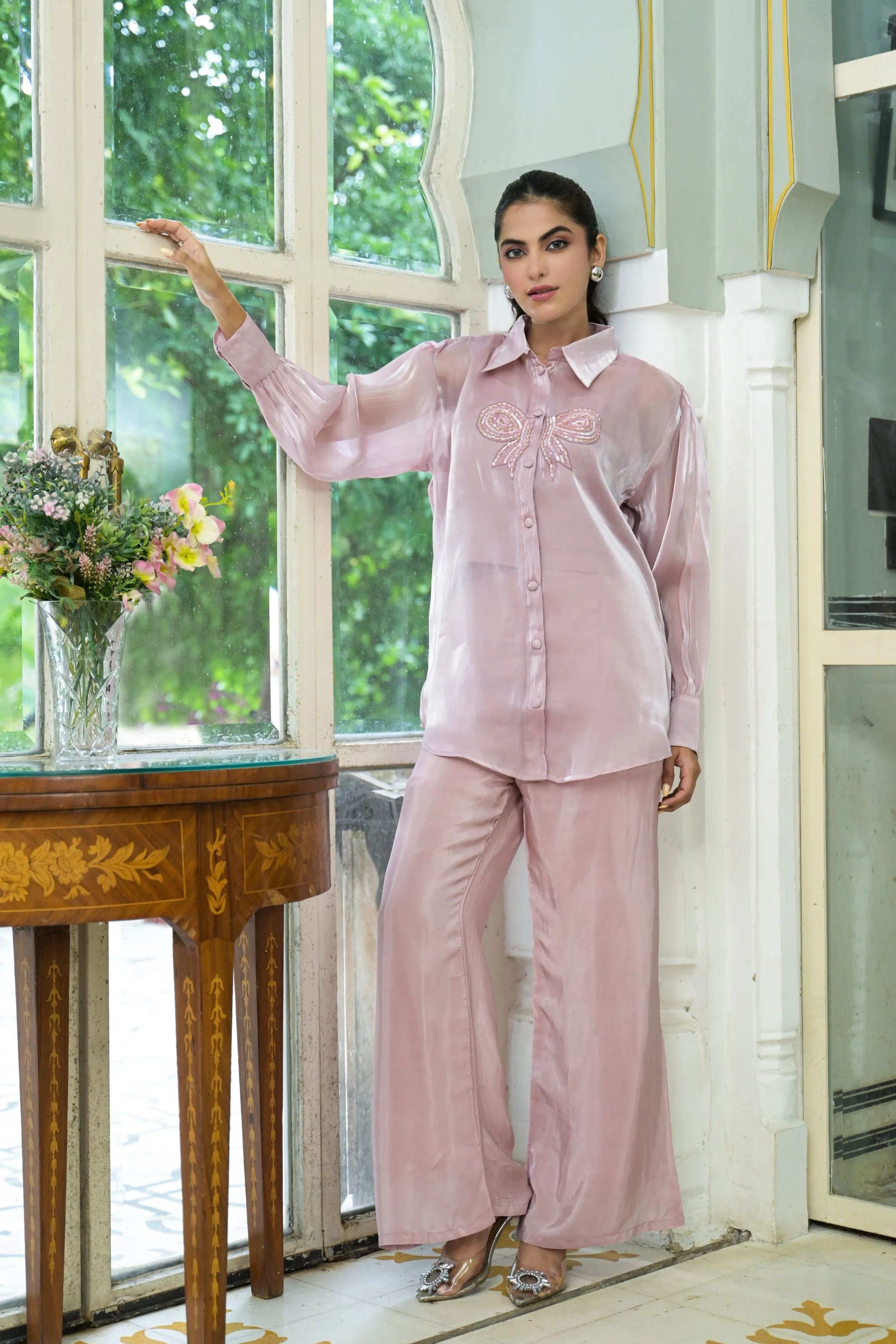 Soft Pink Embellished Premium Italian Silk Co-Ord Set