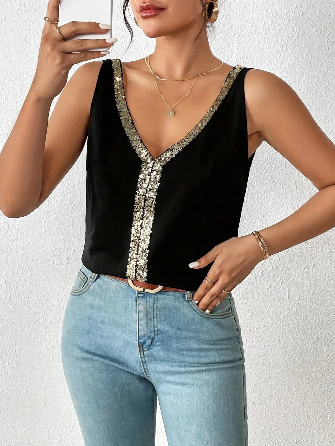 Sparkling Sequin V Neck Tank  Summer Dressy Sleeveless Top