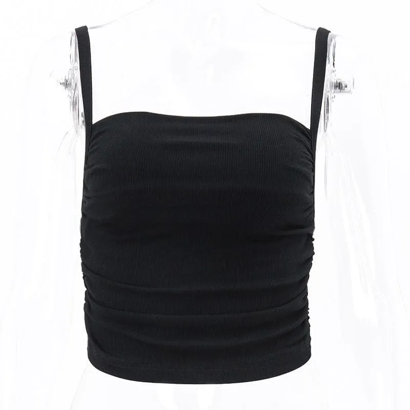 Square neck ruched solid ribbed backless cami crop top