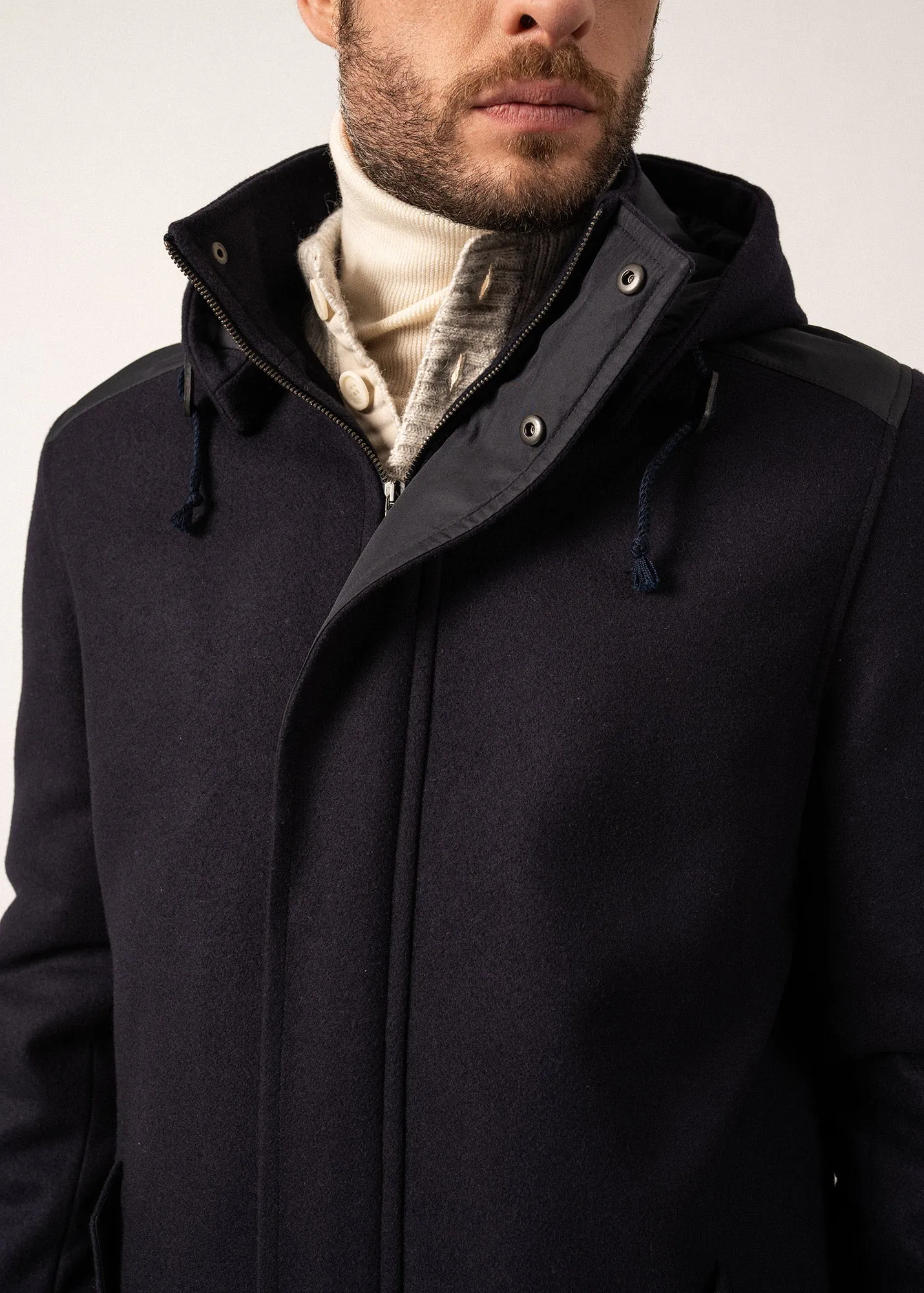 St Sydney Long Wool Coat - with removable hood (NAVY)