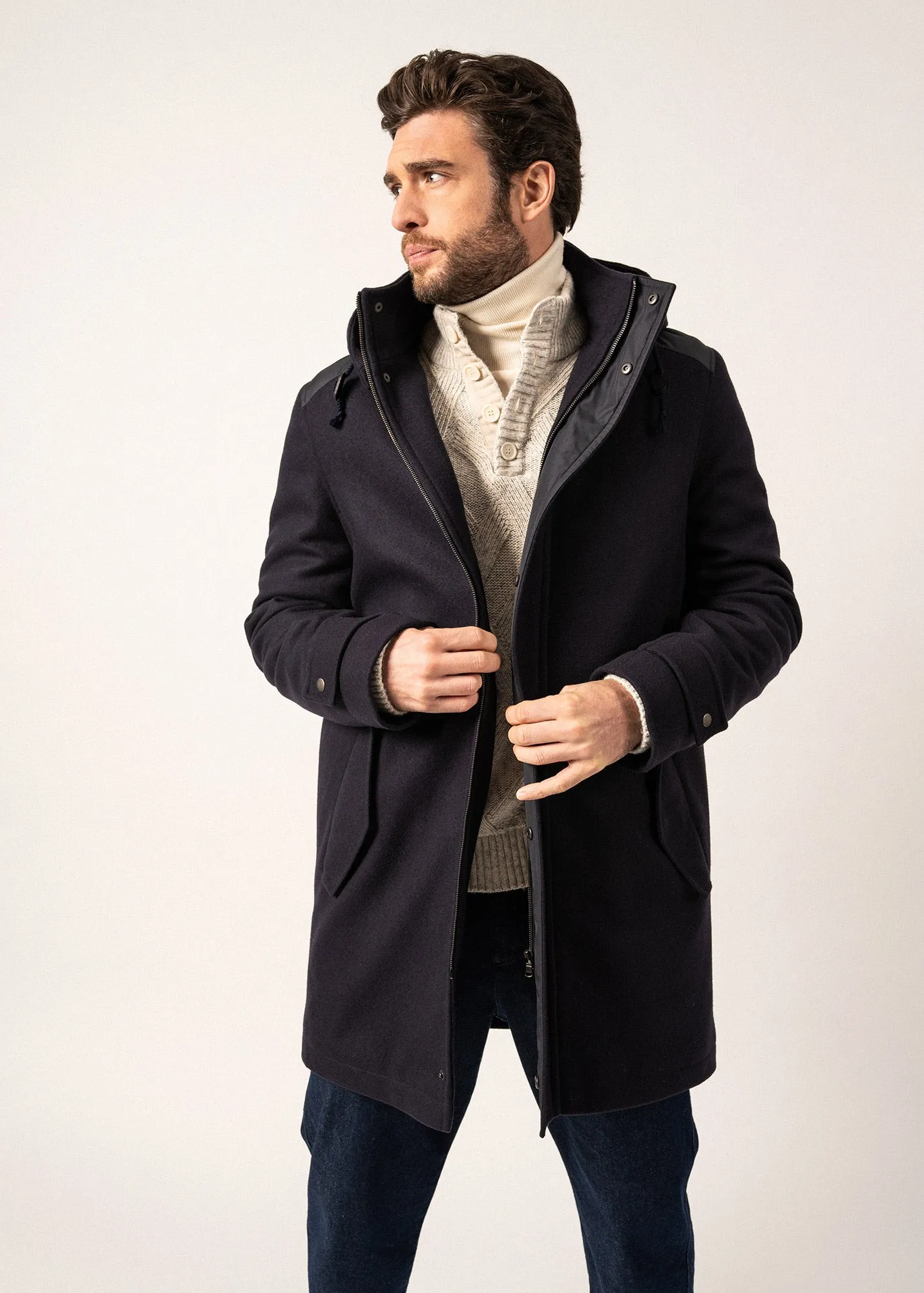 St Sydney Long Wool Coat - with removable hood (NAVY)