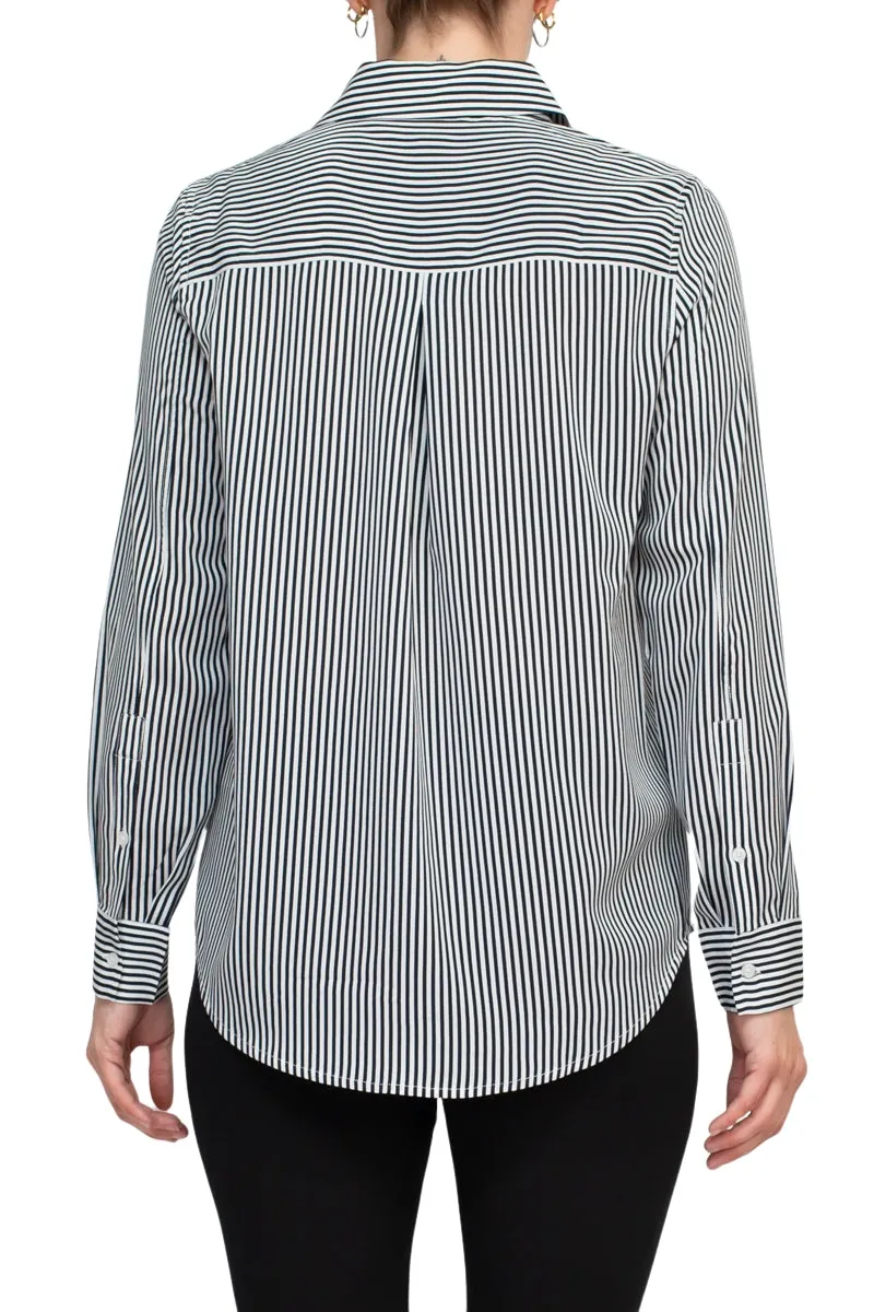 T Tahari Longsleeve Collared Button Down Striped Woven Shirt W Buttoned Cuffs