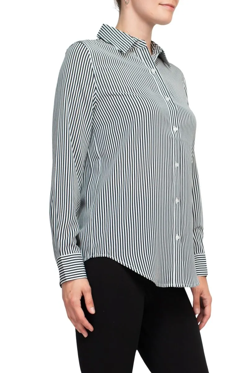 T Tahari Longsleeve Collared Button Down Striped Woven Shirt W Buttoned Cuffs