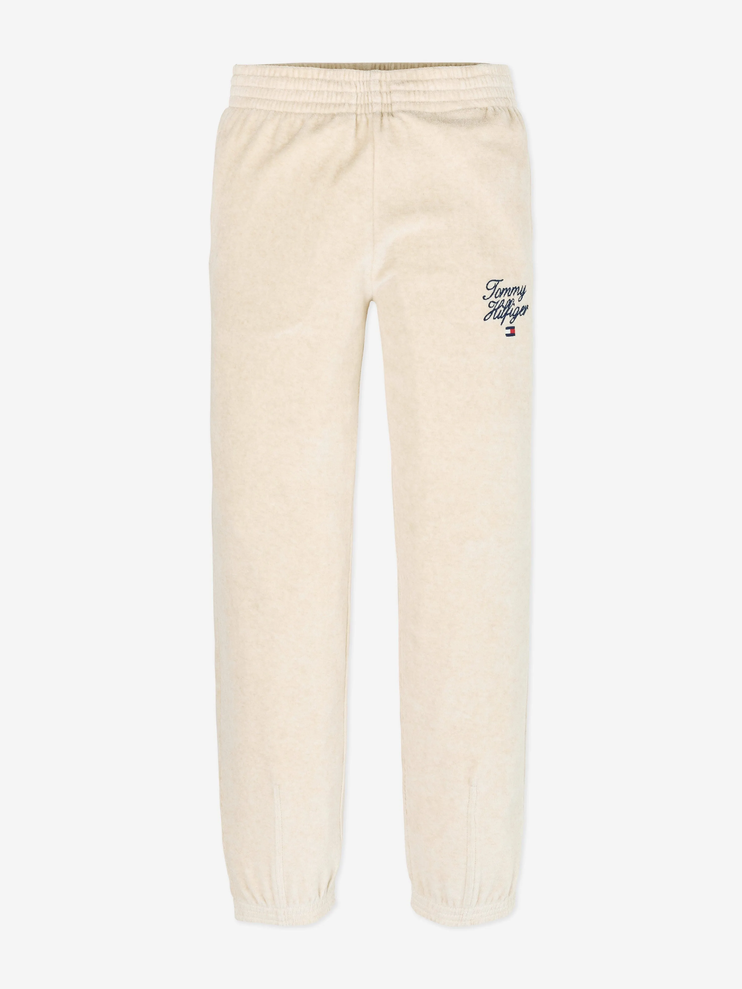 Tommy Hilfiger Girls Script Logo Velour Pants in Beige