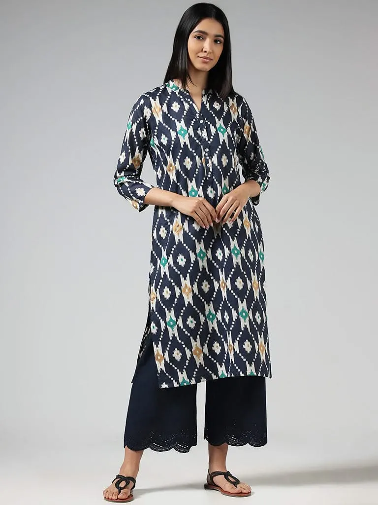 Utsa Navy Geometric Ikat Printed Cotton Kurta