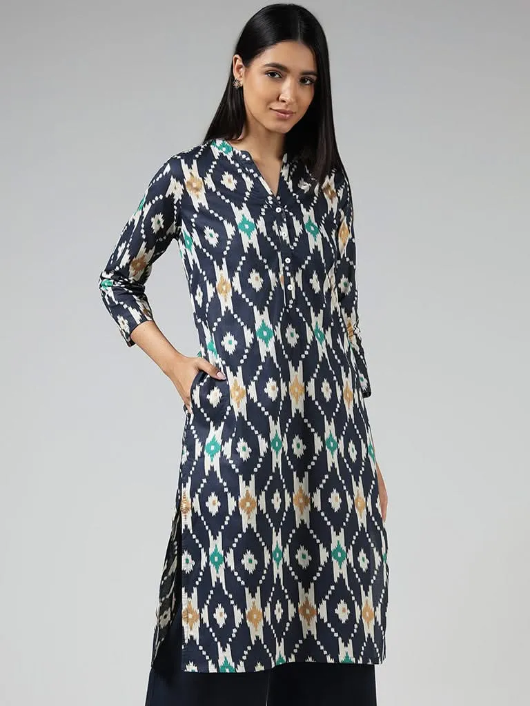 Utsa Navy Geometric Ikat Printed Cotton Kurta