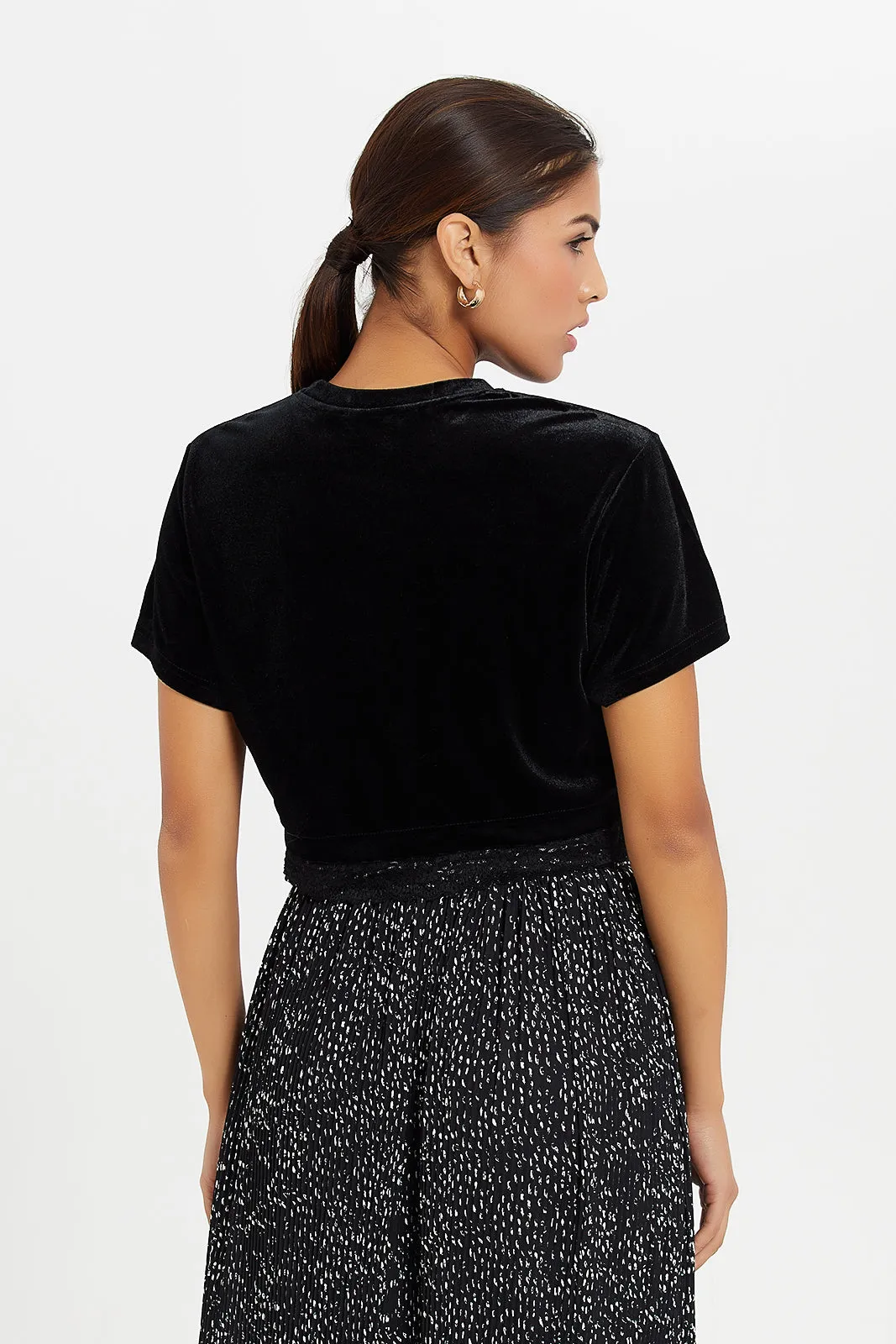 Women Black Velvet Short Sleeve Top