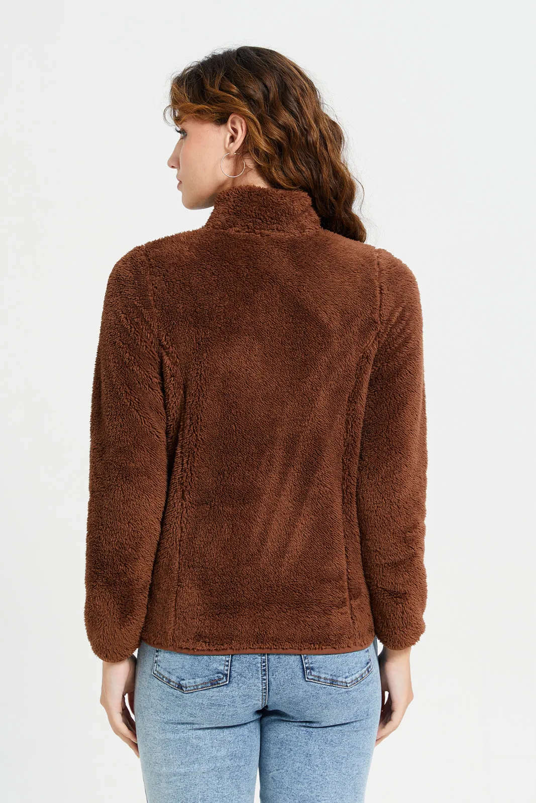 Women Brown High Neck Fur Jacket