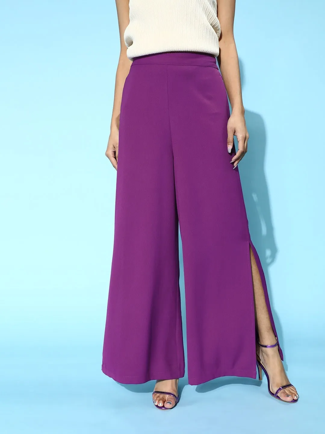 Women Purple Side Slit Peekaboo Comfort Pants