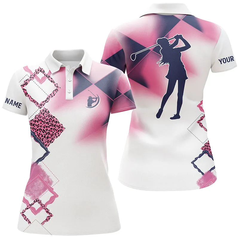 Womens Golf Polo Shirt Pink Leopard Custom Name White Golf Shirt, Women Golf Tops