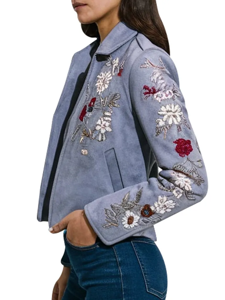 Women's Suede Jacket With Floral Embroidery