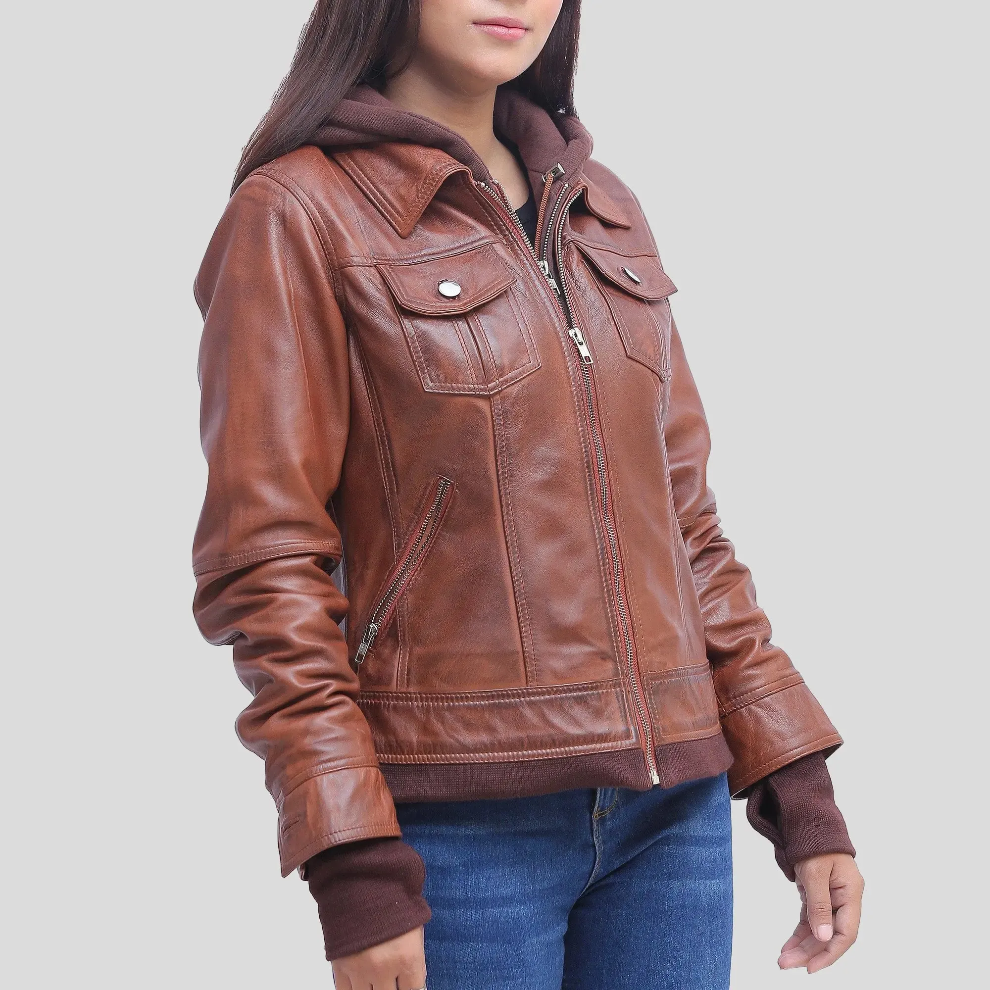 Women's Tan Leather Jacket With Detachable Hood