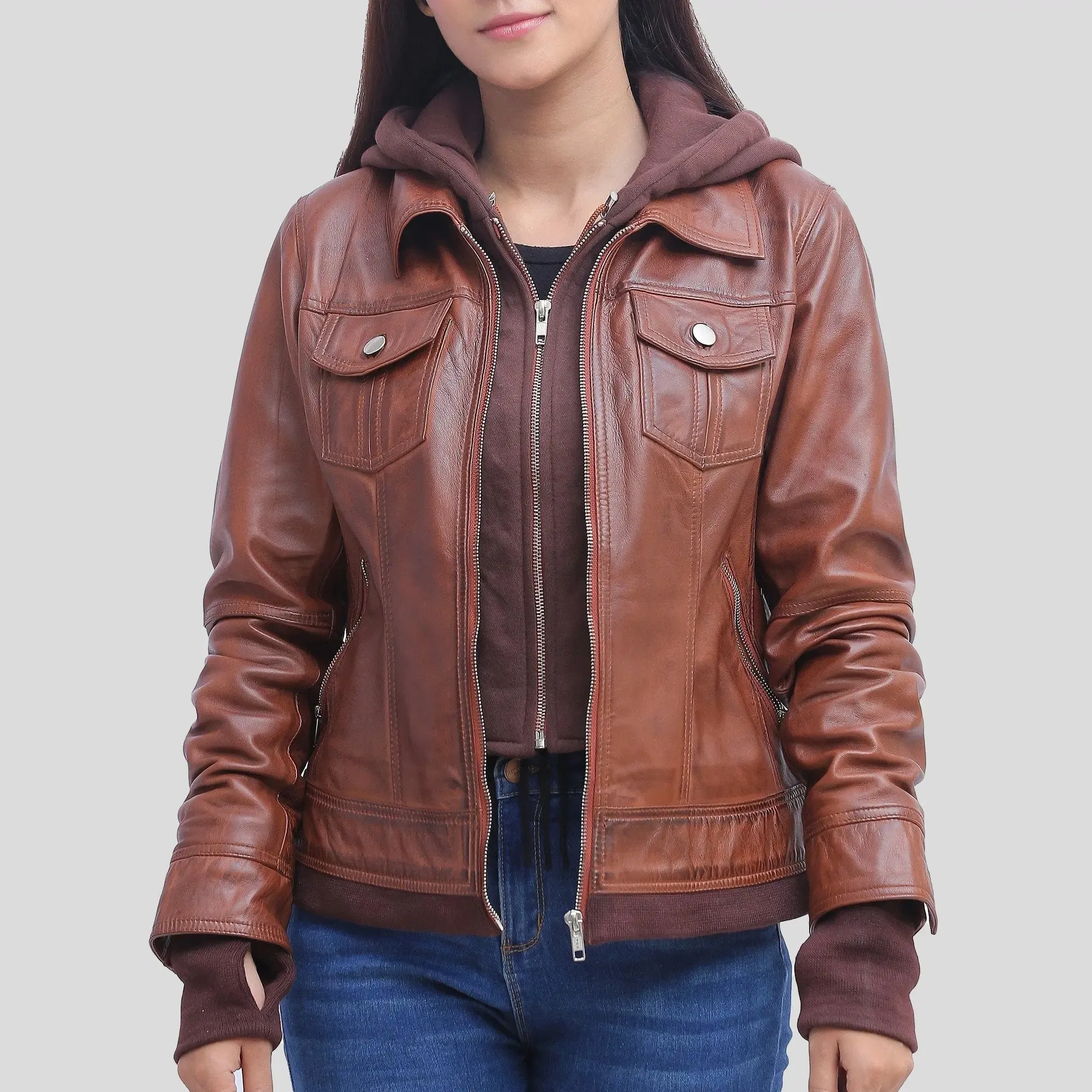 Women's Tan Leather Jacket With Detachable Hood