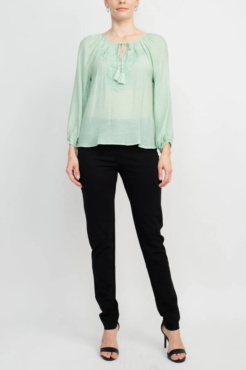 Zac & Rachel Crew Neck Tie Neck Long Sleeve Solid Rayon Top