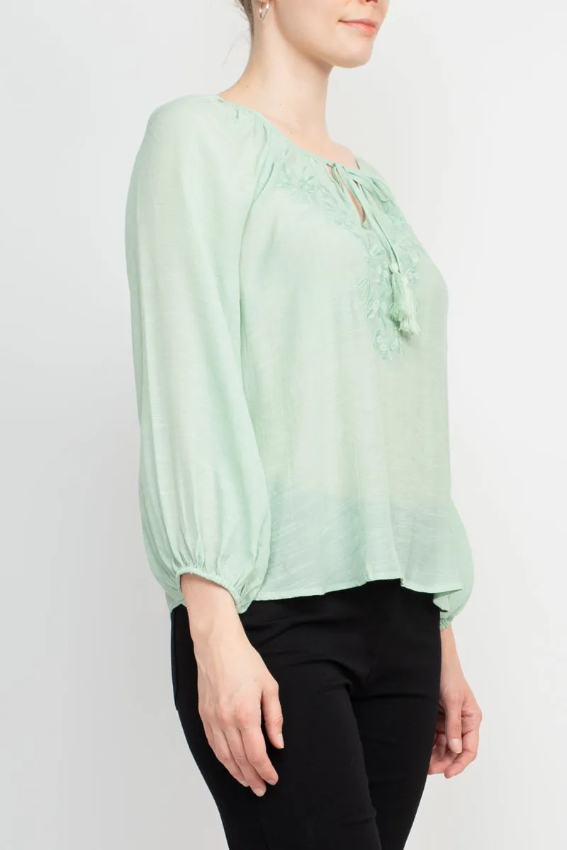 Zac & Rachel Crew Neck Tie Neck Long Sleeve Solid Rayon Top